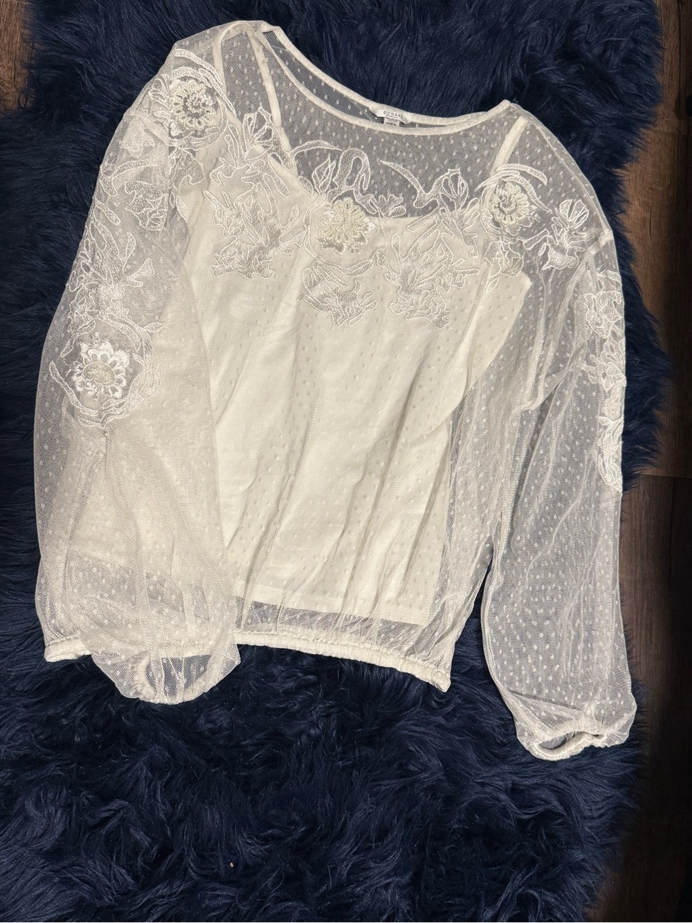 Guess White Sheer Dot Mesh Embroidered Balloon Sleeve Blouse